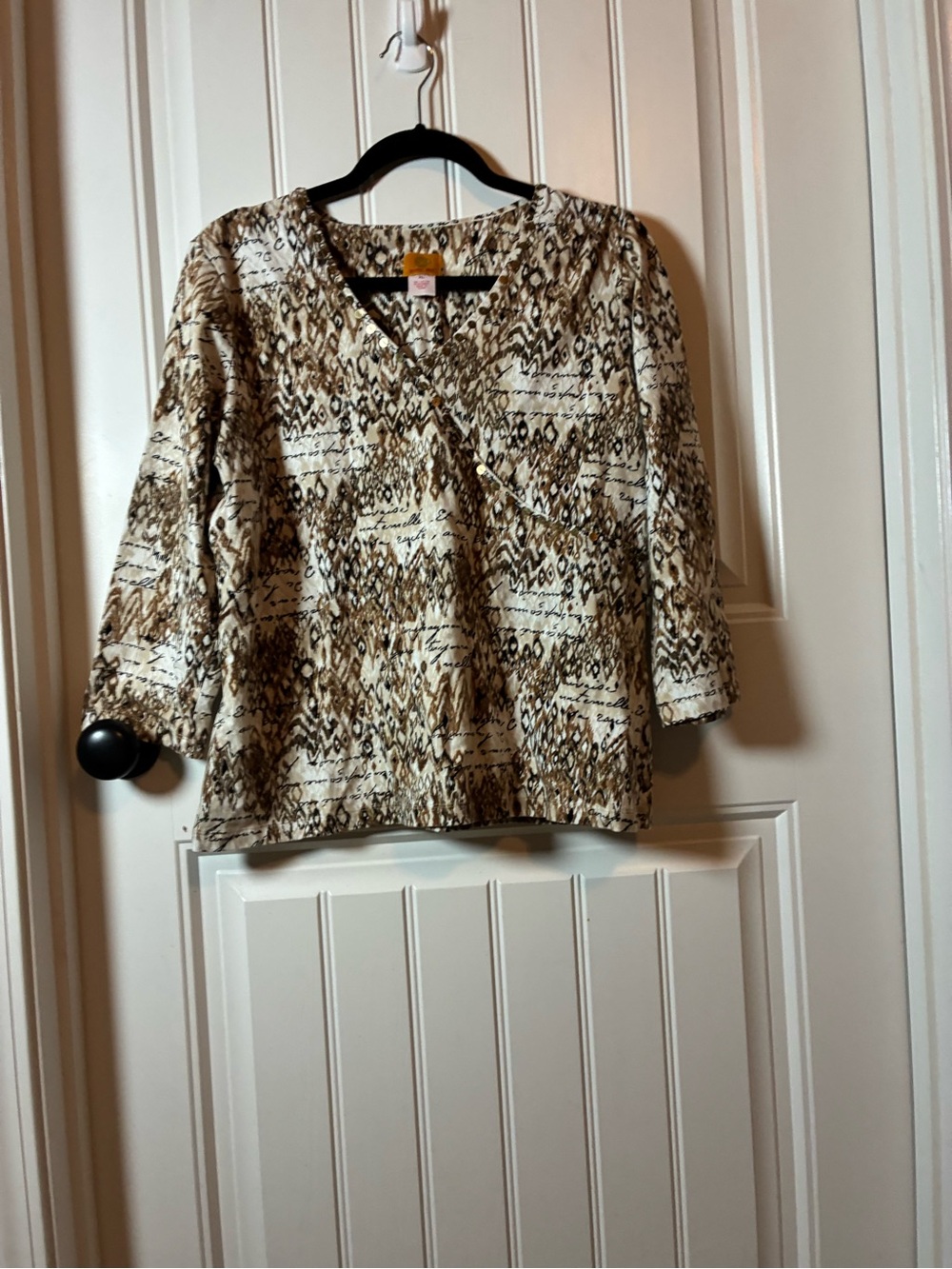 Ruby Rd. Beige and White V-Neck Printed Blouse